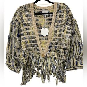 Hayden Los Angeles Women's Blue and Cream Fringe Boho Cardigan Sz M